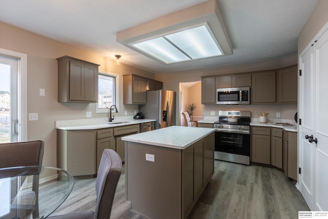 kitchen with hardwood / wood-style floors, sink, gray cabinetry, a center island, and stainless steel appliances