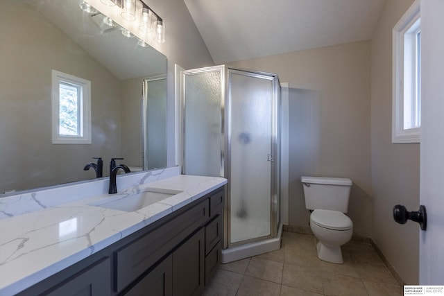 bathroom featuring tile patterned floors, toilet, an enclosed shower, vaulted ceiling, and vanity