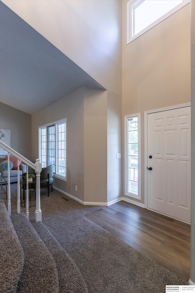 entryway featuring a towering ceiling and dark wood-type flooring