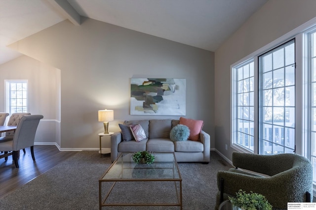 living room featuring dark hardwood / wood-style flooring and lofted ceiling with beams