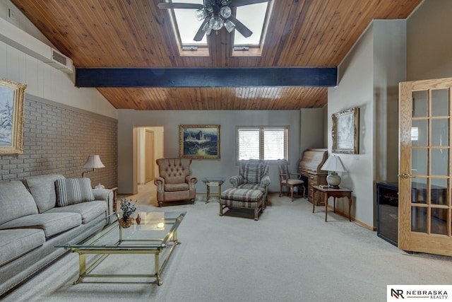 living room with wood ceiling, ceiling fan, carpet flooring, and vaulted ceiling with beams