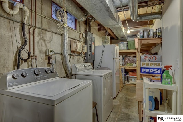 clothes washing area with washer and clothes dryer and electric panel