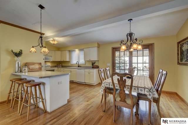 kitchen with sink, white cabinetry, kitchen peninsula, pendant lighting, and white appliances