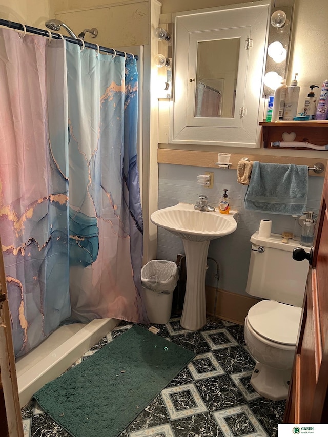 bathroom featuring toilet, sink, and a shower with curtain