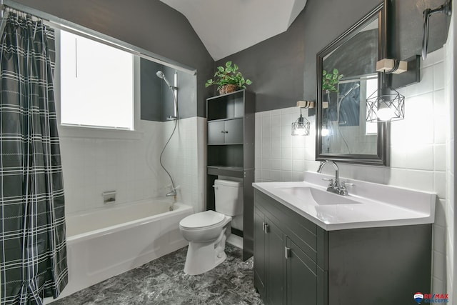 full bathroom featuring toilet, shower / bath combo with shower curtain, tile walls, vaulted ceiling, and vanity