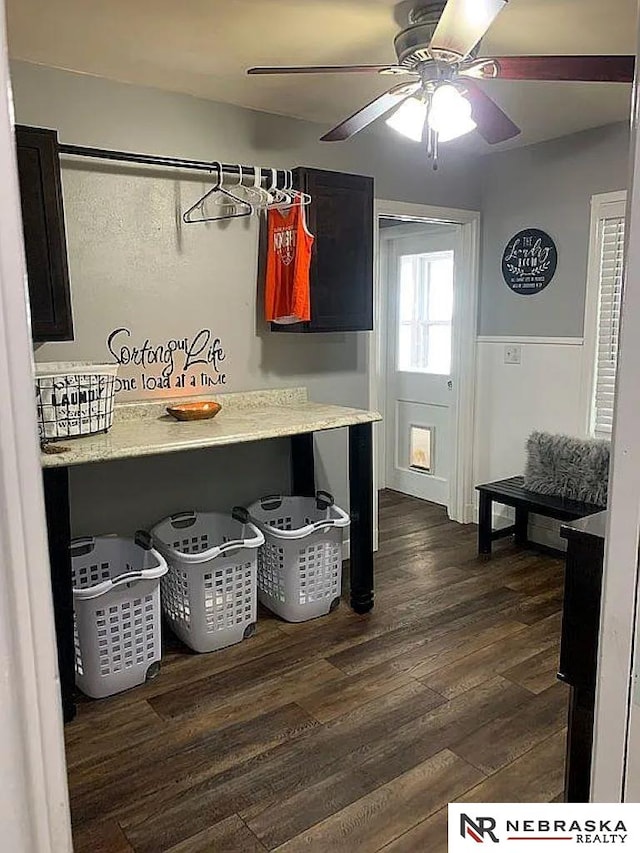 mudroom with ceiling fan and dark hardwood / wood-style flooring