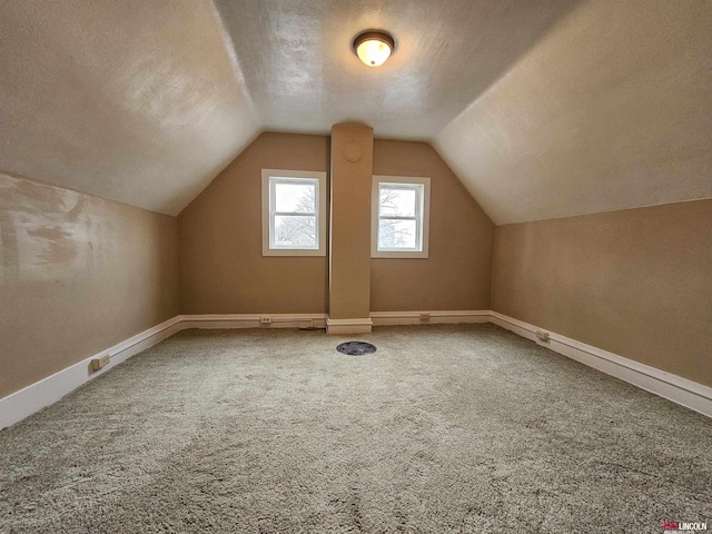 additional living space with lofted ceiling, carpet, and a textured ceiling