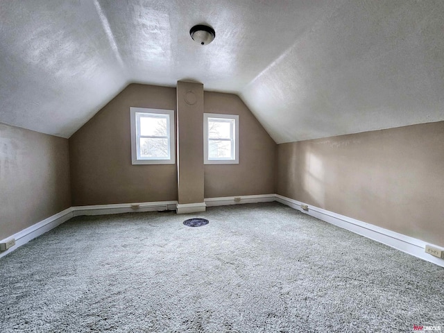 additional living space with lofted ceiling, carpet, and a textured ceiling