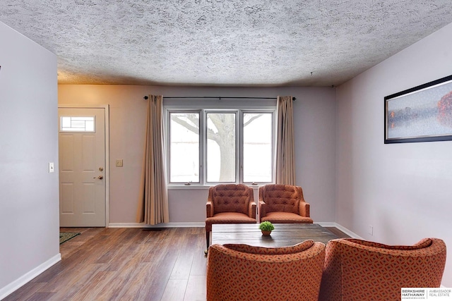 sitting room with wood-type flooring and a textured ceiling