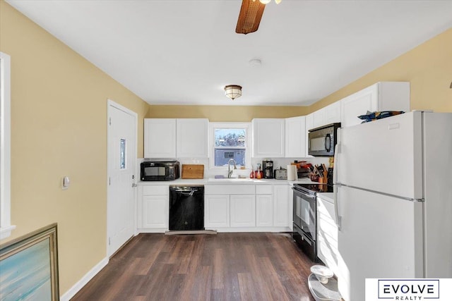 kitchen featuring sink, white cabinets, dark hardwood / wood-style flooring, ceiling fan, and black appliances