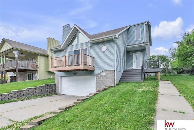 view of front facade with concrete driveway, an attached garage, a chimney, and a front lawn