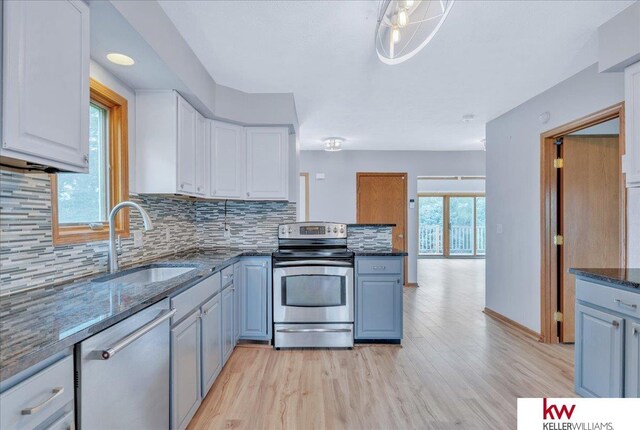 kitchen featuring stainless steel appliances, a sink, white cabinetry, light wood-type flooring, and tasteful backsplash