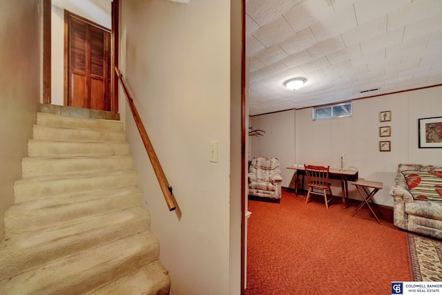 staircase with carpet flooring