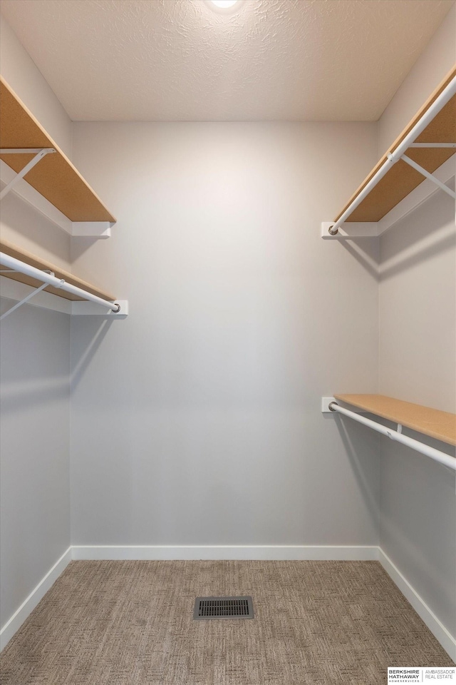 spacious closet featuring visible vents and carpet flooring