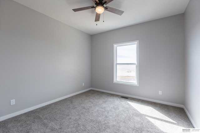 empty room with a ceiling fan, carpet, visible vents, and baseboards