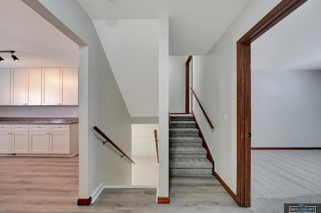 stairway with hardwood / wood-style floors