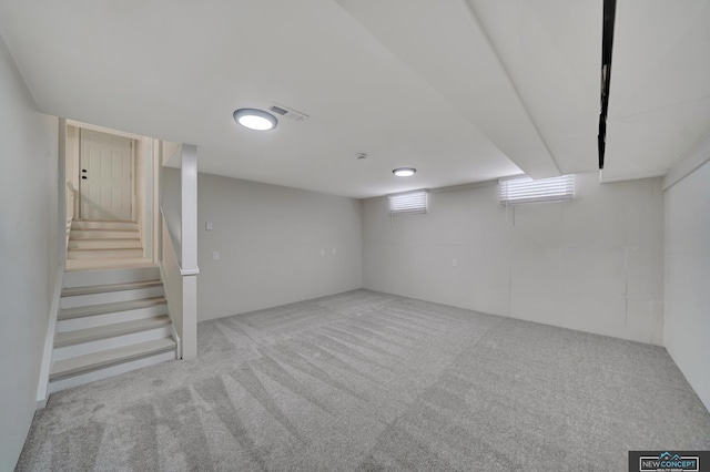 basement featuring carpet flooring