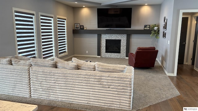 living room with hardwood / wood-style flooring and a tiled fireplace