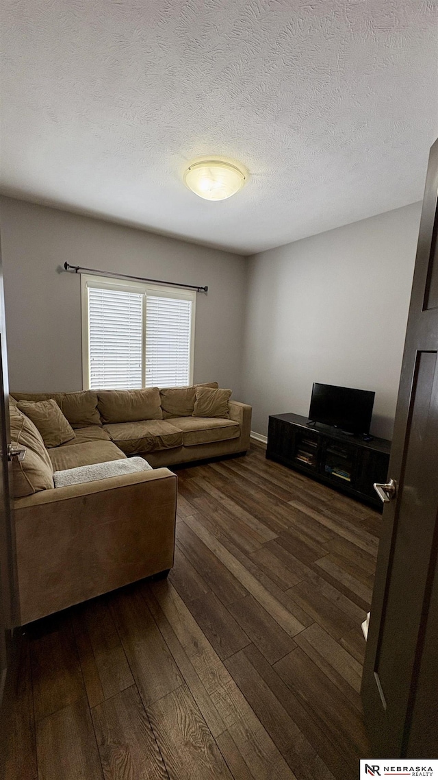 living room with dark hardwood / wood-style flooring and a textured ceiling