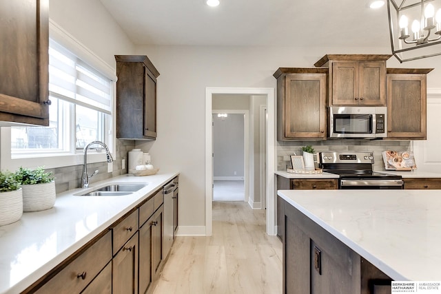 kitchen with appliances with stainless steel finishes, sink, hanging light fixtures, and backsplash