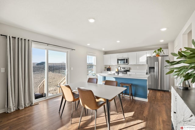 dining area with sink and dark wood-type flooring