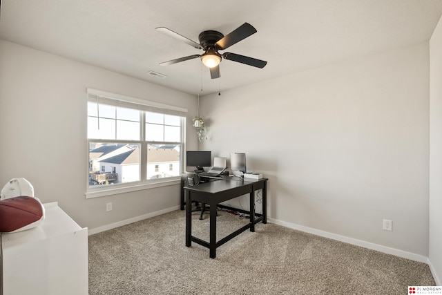 office area with ceiling fan and light colored carpet