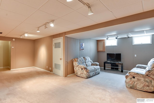 living room featuring carpet and track lighting