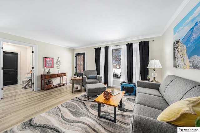 living room with light wood-type flooring and crown molding