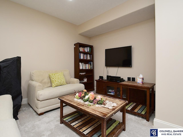 living room featuring light carpet