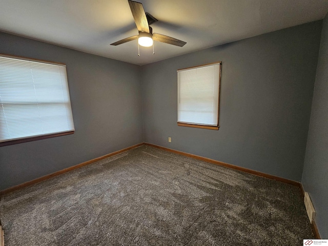unfurnished room with carpet, baseboards, and ceiling fan