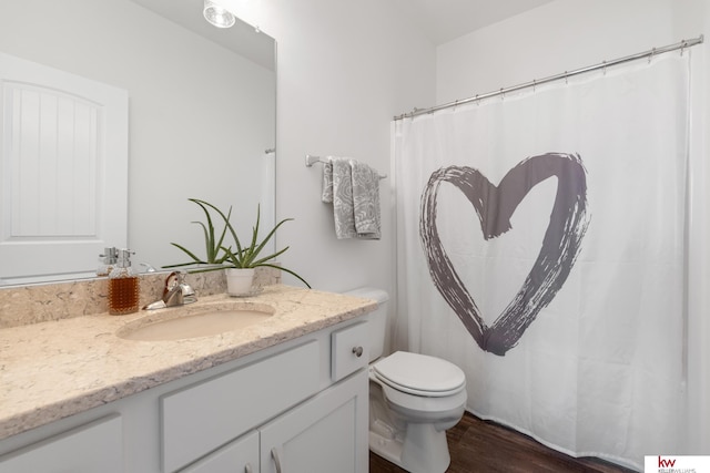 bathroom with toilet, wood finished floors, and vanity