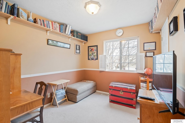 sitting room with baseboards, a textured ceiling, and carpet floors