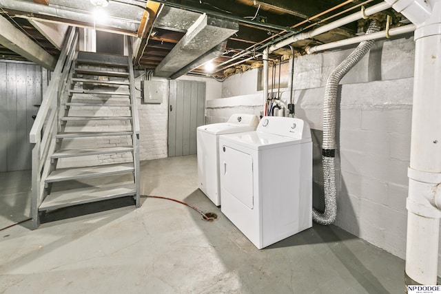 laundry area with washing machine and dryer, electric panel, and laundry area