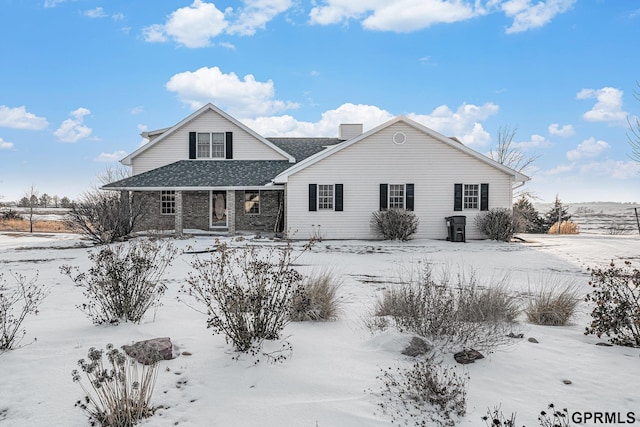 view of front of house with a shingled roof and a chimney