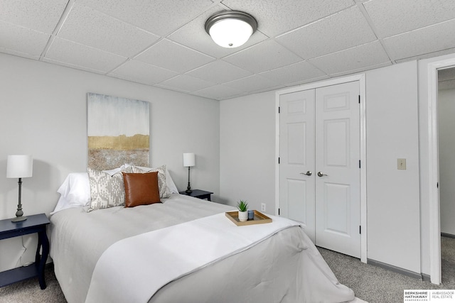 bedroom with light carpet, a closet, and a drop ceiling