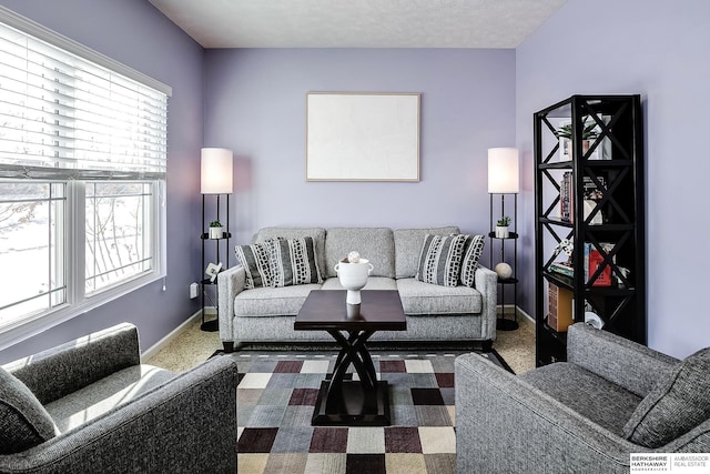 carpeted living room with a textured ceiling and baseboards