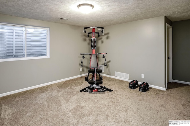 exercise area featuring a textured ceiling, carpet, visible vents, and baseboards