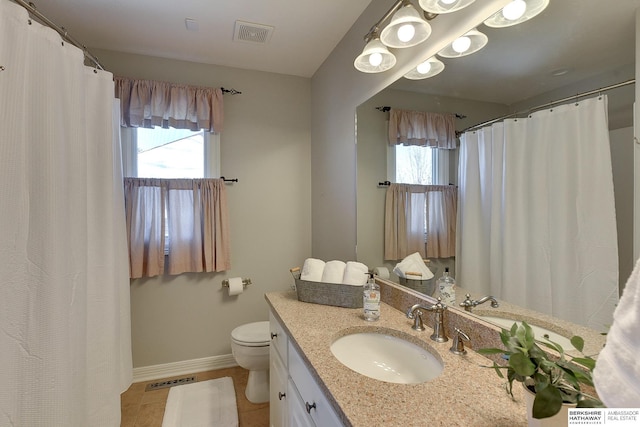 full bath with baseboards, visible vents, vanity, and toilet