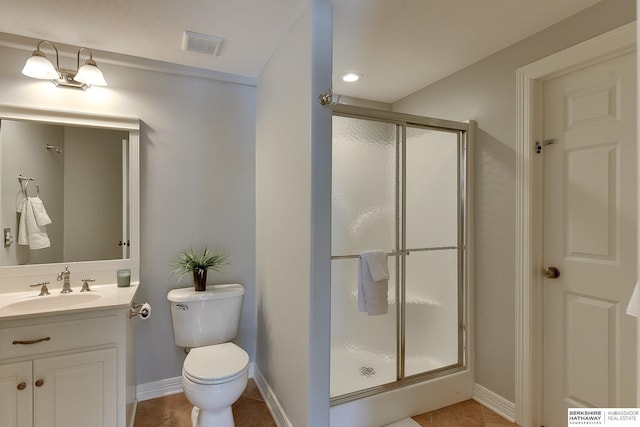 bathroom featuring visible vents, toilet, a shower stall, vanity, and tile patterned floors