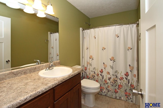 bathroom with a chandelier, toilet, a textured ceiling, and vanity