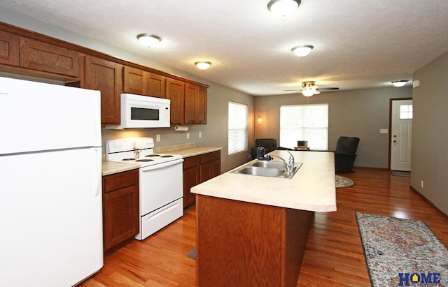 kitchen with white appliances, an island with sink, wood finished floors, light countertops, and a sink