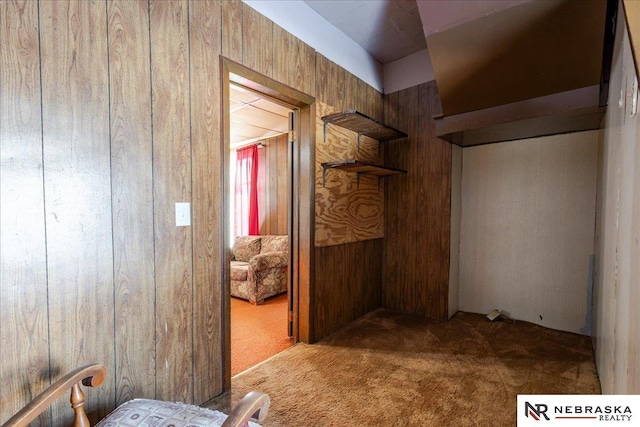 interior space with carpet flooring and wood walls