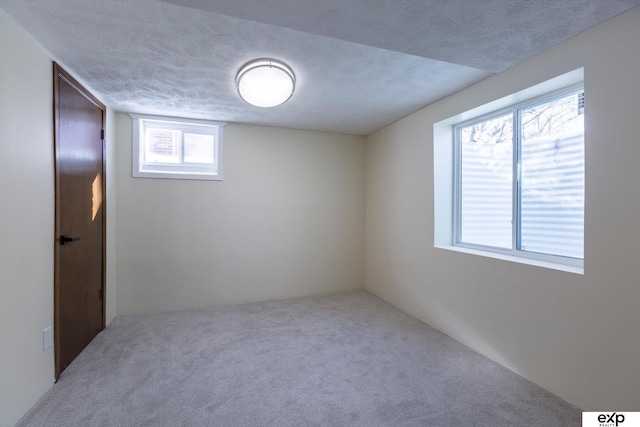 interior space with carpet and a textured ceiling