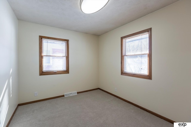 spare room featuring light carpet, baseboards, and a healthy amount of sunlight