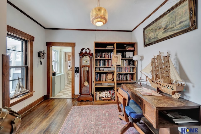 office featuring baseboards, ornamental molding, and dark wood-style flooring