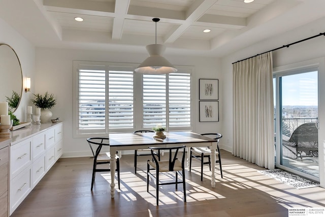 dining area featuring baseboards, coffered ceiling, beamed ceiling, and light wood finished floors