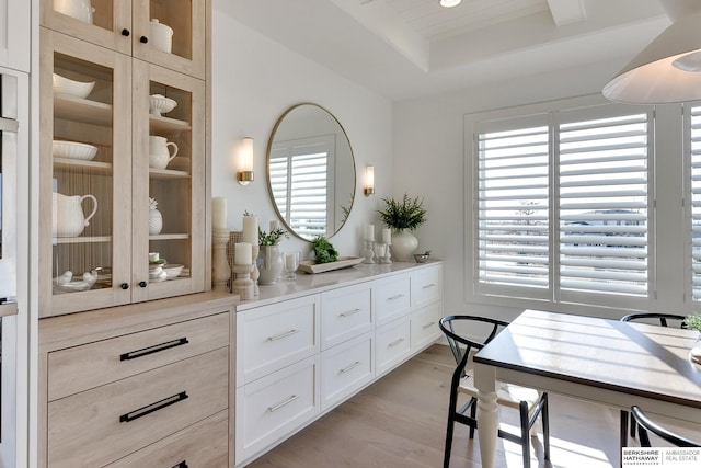 interior space featuring light wood-type flooring and a tray ceiling