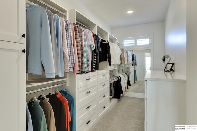 walk in closet with light colored carpet