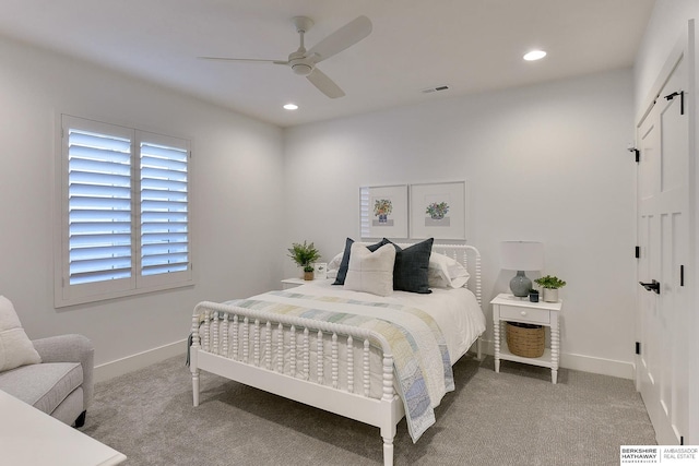 bedroom featuring recessed lighting, light carpet, a ceiling fan, visible vents, and baseboards