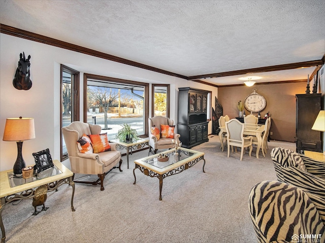 living area with light colored carpet, crown molding, and a textured ceiling